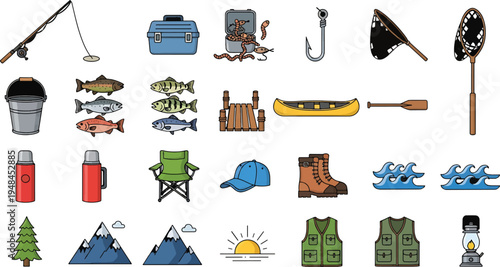 Fishing trip accessories and icons for outdoor recreation, camping, and adventure, including rods, reels, bait, and gear for a successful angling expedition in nature