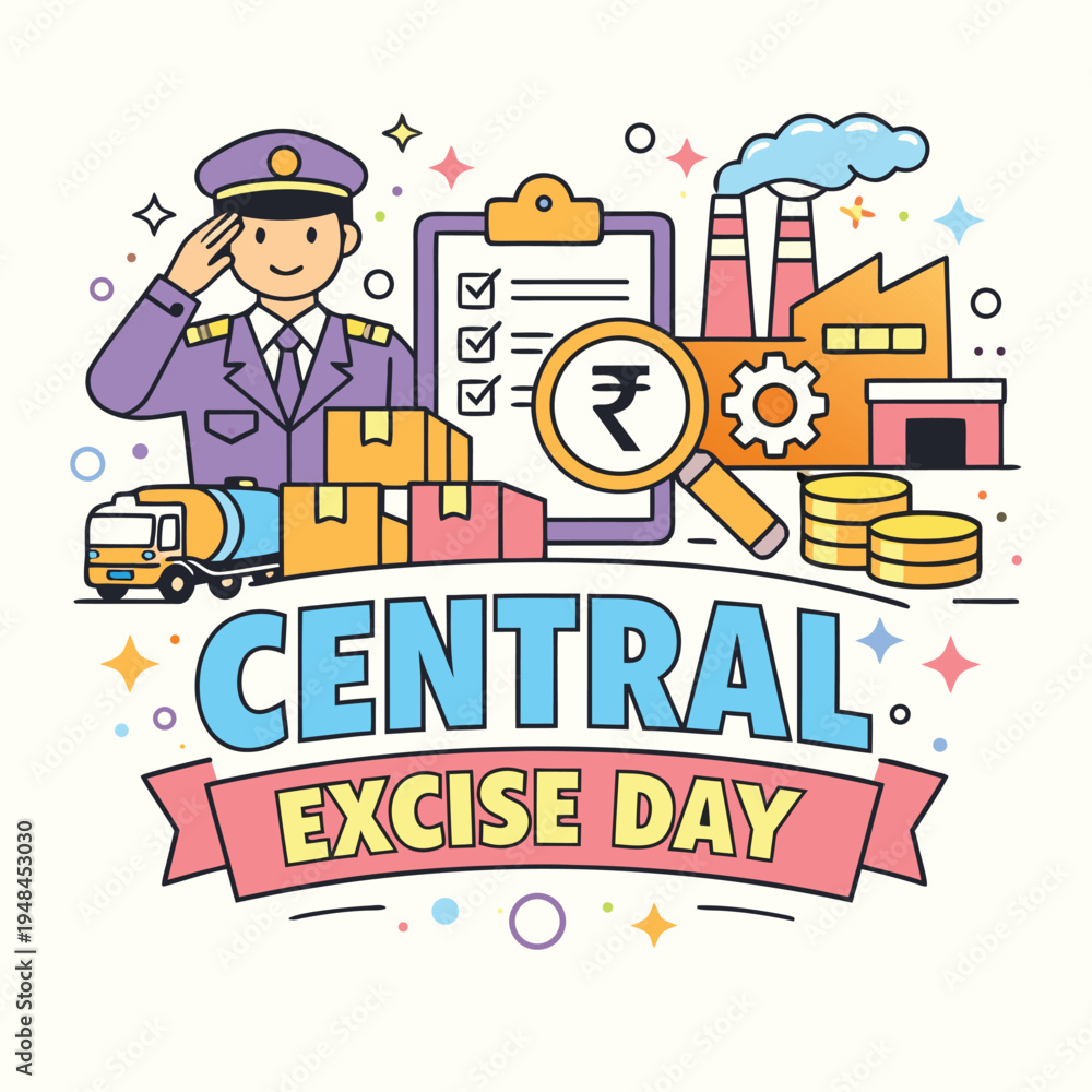 Naklejka premium Illustration depicting central excise day with industrial elements a police officer and currency high-quality professional