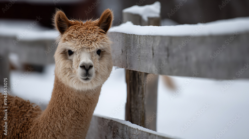 Obraz premium Cute furry alpaca animal with brown wool coat and white face looks intently at camera, standing by a rustic wooden fence in a snowy winter landscape