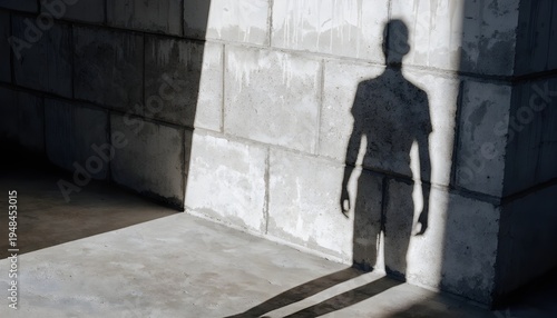 Stark Human Shadow Cast on Concrete Wall with Harsh Sunlight - Concept of Identity, Isolation, Shadow Self, and Urban Minimalism