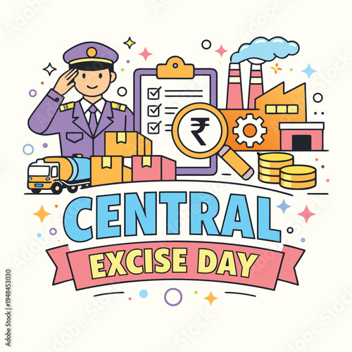 Illustration depicting central excise day with industrial elements a police officer and currency high-quality professional