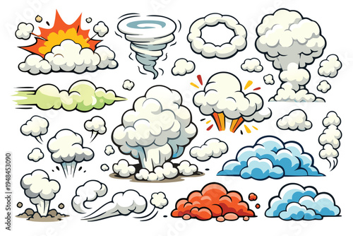 Cartoon explosion and weather effects collection featuring clouds fire wind and smoke bursts high-quality professional