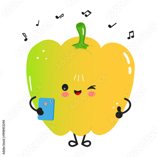 Happy kawaii yellow bell pepper listening music using smartphone