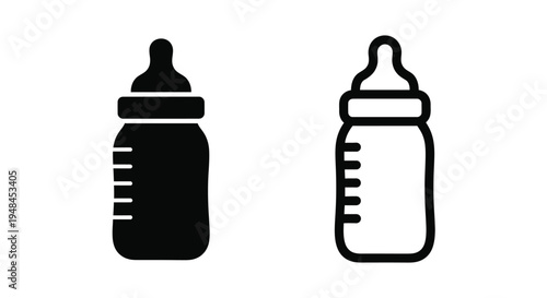 Two black and white icons depicting baby bottles with varying styles