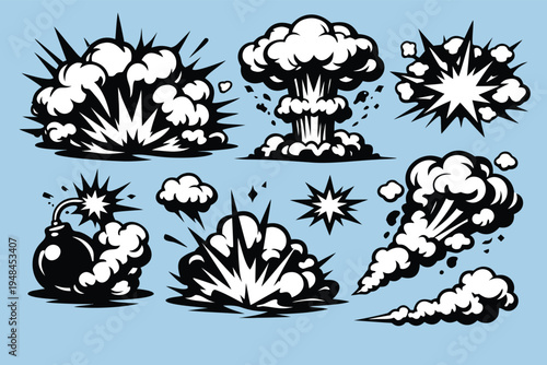 Collection of cartoon explosion effects in black and white depicting various blast shapes high-quality professional