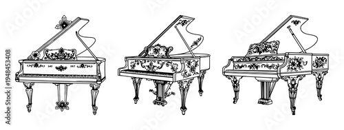 Grand piano set with ornate Victorian line art featuring floral motifs, decorative flourishes, detailed engraving with white background and elegant design