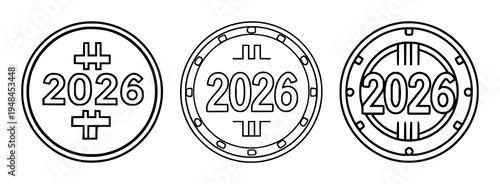 2026 token coin icon set with black outline flat design on white featuring digital token, cryptocurrency, finance with bold black outlines and flat vector