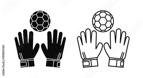 Goalkeeper gloves catching soccer balls in black and white illustration