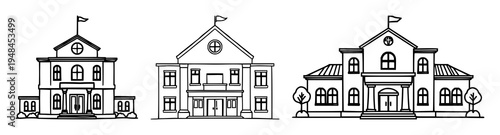 School building set with flat line art design depicting a college or university façade featuring education, college, university with vector and pictogram
