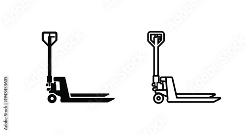 Two black and white line drawings of pallet jacks are displayed