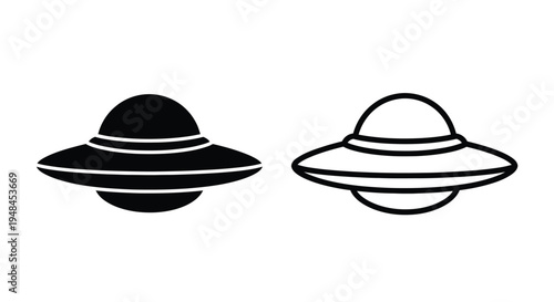 Two black and white illustrations depicting classic flying saucer spacecraft