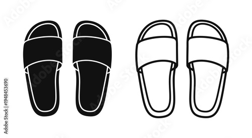 Black and white illustration depicting a pair of modern slide sandals