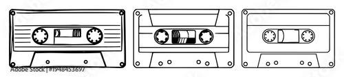 cassette tape set with geometric line art design featuring vintage audio, stationery icon, isolated presentation with consistent stroke width and white background