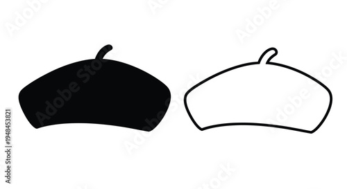 Two berets displayed a filled black version and a white outlined form