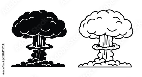 Two stylized depictions of an atomic explosion in black and white