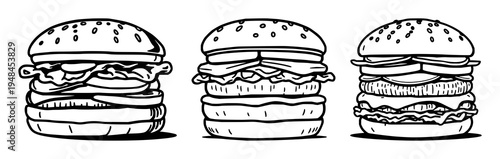 Protein-based meat alternative burger icon set with flat vector design on white background featuring bold borders, sustainable food theme, vegan steak with plant protein and clean lines