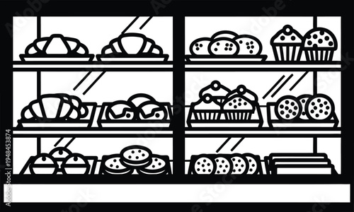 bakery display case, pastries and cakes