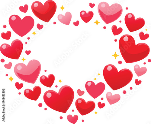 A circular arrangement of various red and pink hearts creates a heart shaped frame high-quality