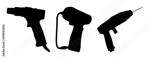 Laser rust-cleaning tool set with solid black silhouette on white background featuring industrial restoration technology, sharp technical profile with black and silver details and high contrast