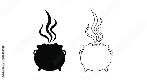 Two stylized cauldrons with rising steam one black and one white