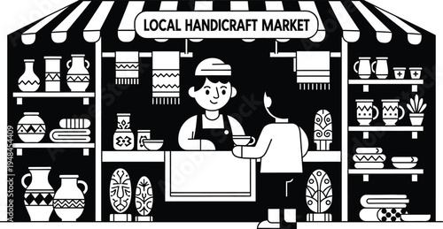 local handicraft market stall with vendor and customer