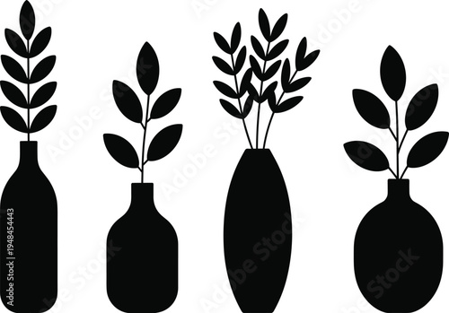 Minimal plant vase silhouettes collection, decorative botanical leaves in bottles and vases, modern home interior decor vector set isolated on light background