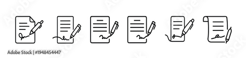 Document signing and contract agreement line icon set featuring paper and pen for business legal copyright and more vector illustration