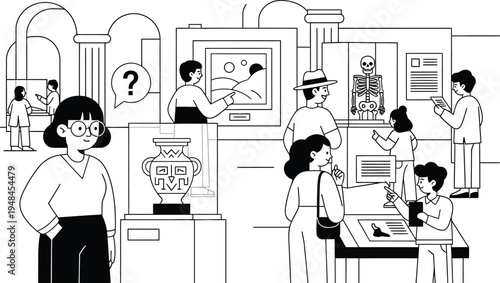 people visiting museum, looking at exhibits