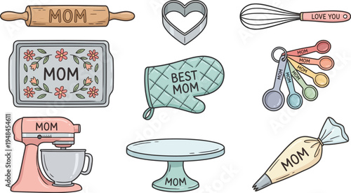 Various hand-drawn baking equipment icons featuring mother-themed inscriptions are displayed in a collage format.
