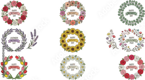 Floral wreaths crafted from various blooming flowers surround celebratory text messages for Mother's Day recognition.