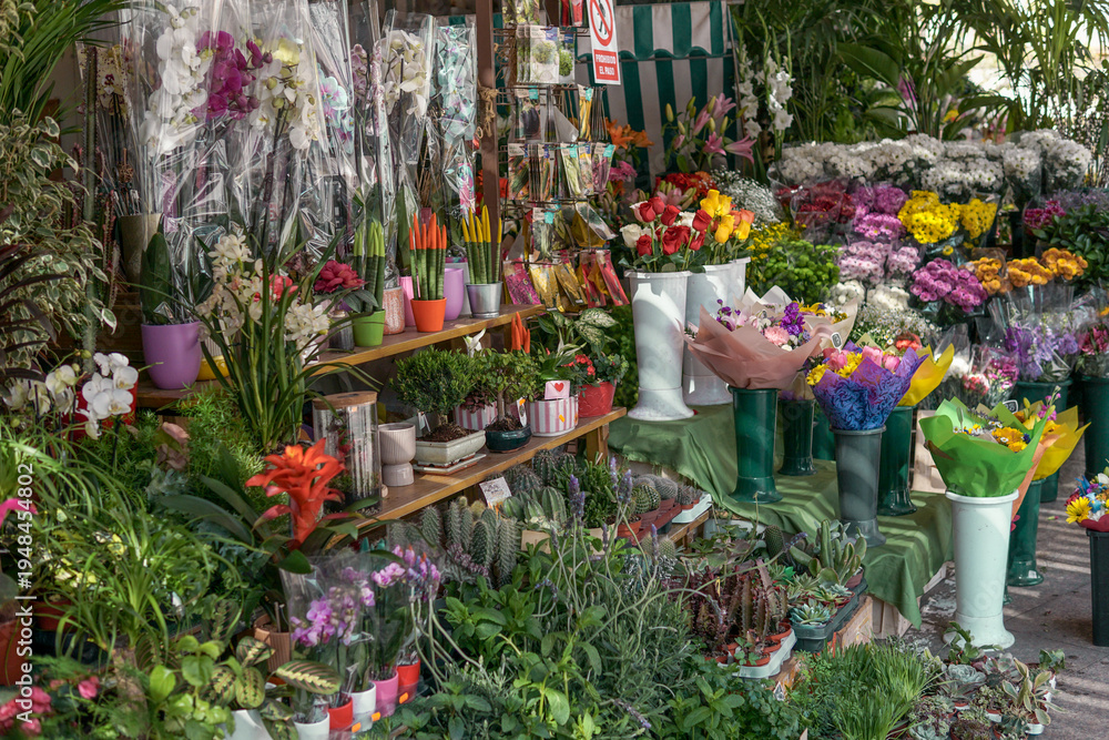 Obraz premium Street flower shop with colorful spring and summer flowers, tulips and sunflowers display