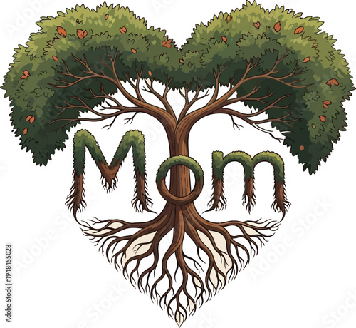 A stylized tree with roots forming a heart shape spells out the word Mom above a complex root system.