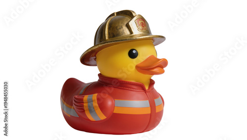 Photos Yellow rubber duck toy dressed as a firefighter with a golden helmet and red jac
