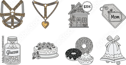 Various black and white line art icons representing gifts, home value, and sweet treats are arranged on a white background.
