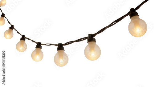 Tablou pe pânză Decorative string of warm glowing round light bulbs on a dark wire, isolated PNG