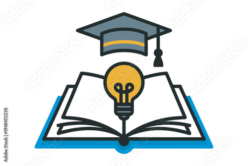 Education concept icon set, graduation cap book idea symbols, learning vector illustration, academic knowledge and study icons collection