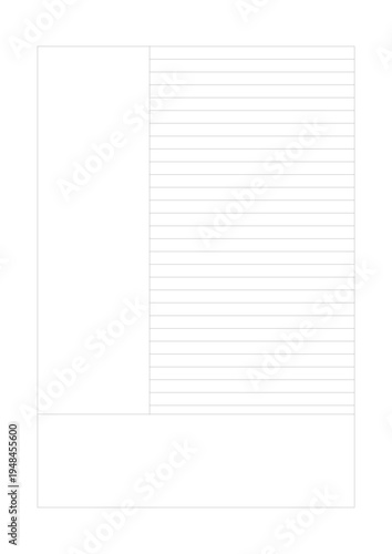 Blank Cornell Notes Template with Cue Column, Paper Size A4 (210 x 297 mm), Line spacing in main content area or Line Spacing 7mm