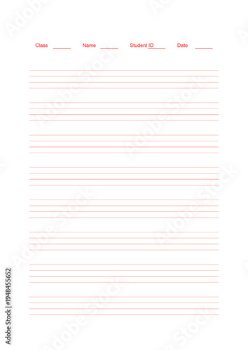 Blank Student Worksheet with Class Name Student ID and Date,   Line Color is red, Paper Size A4 (210 x 297 mm),  Single line spacing in English four-line three-grid 5mm