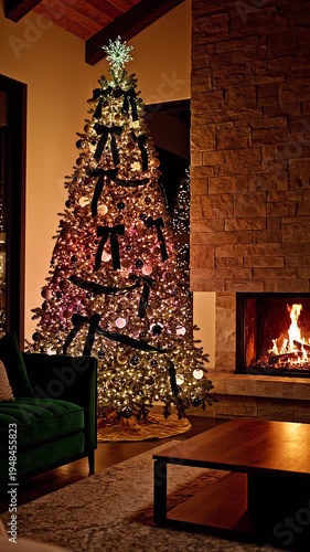 Christmas Tree in Living Room Fireplace.