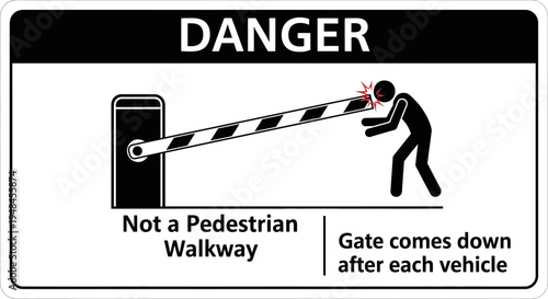 Person pushing boom gate with warning sign indicating danger