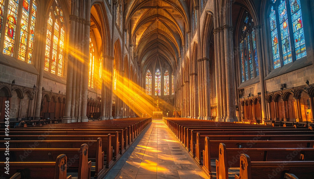 Fototapeta premium Golden sunlight streaming through cathedral windows illuminating aisle