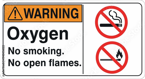 Warning sign prohibiting smoking and open flames in oxygen area indoors