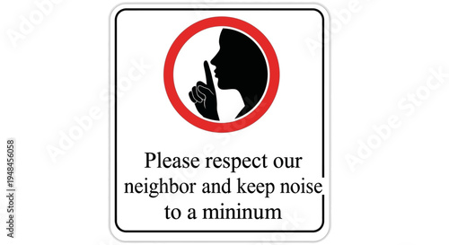A noise warning sign with a finger to lips gesture is shown outdoors.