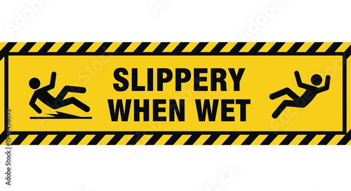 Cautionary sign displays slippery warning with falling people on wet surface indoors