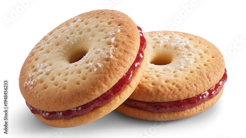 Two Round Jam Sandwich Cookies with Red Filling and Powdered Sugar, Isolated