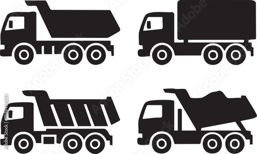 Construction & Heavy Truck Icons Set – Dump Truck Variations – Black Silhouette Vector