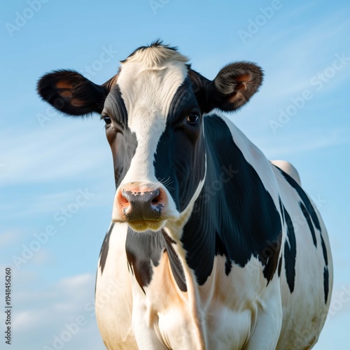 Close-up of Black and White Dairy Cow Against Blue Sky Looking Directly at Camera