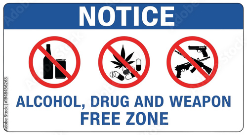 A sign displays prohibition symbols for alcohol, drugs, and weapons in a notice