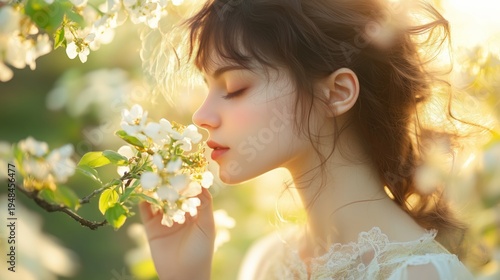Woman Smells Flowers in a Garden During Springtime Daylight Hours