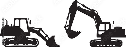 Construction Machinery Icons Set – Excavator and Backhoe Loader – Black Silhouette Heavy Equipment Vector